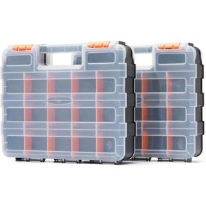 Mayouko Double Side Tools Organizer, Customizable Removable Plastic Dividers, Hardware Box Storage, Excellent for Screws,Nuts,Small Parts, 34-Compartment,2 PCS Set,12.6"L x 10.6"W x 3.2"H (Orange)