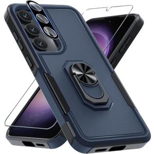 for Samsung Galaxy S25 Plus/S24 Plus Case with Screen Protector+Camera Lens Protector,Heavy Duty Shockproof Full Body Protective Cover Built in Rotatable Metal Ring Holder Kickstand,2025 Navy Blue