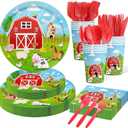 150 Pcs Farm Animal Birthday Party Decorations Farm Plates Tableware Barnyard Farm Birthday Party Supplies Serves 25 Farm Themed Cups, Farm Animal Napkins Red Knife/Fork/Spoon