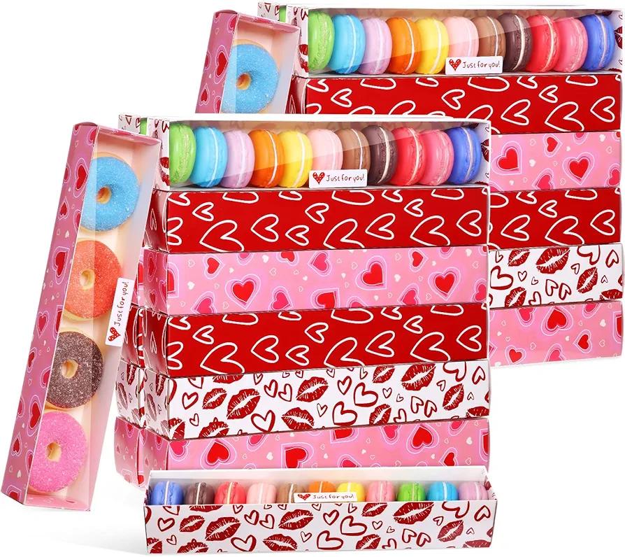 Dunzoom 60 Pack Mother's Day Macaron Cookie Boxes Chocolate Strawberries Boxes with Clear Window Stickers 12 x 2.2 x 2 Inches(Cute Style)