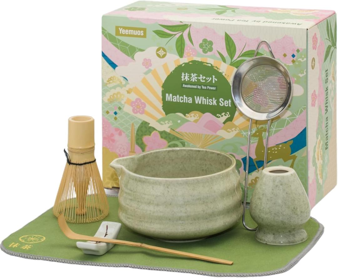 YEEMUOS Matcha whisk Set,7 Pcs Matcha Making Kit with whisk Whisk, Ceramic Bowl, Sifter, Scoop, Holder, Stand, and Tea Towel for Ultimate Matcha ExperienceMottled Green