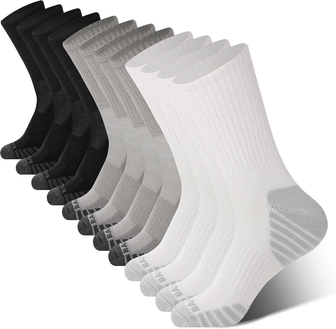 BAMBOO COOL Men's Crew Socks Athletic Running Sports Socks, Cushioned Moisture Wicking, Breathable Arch Support 6 Pack, Large