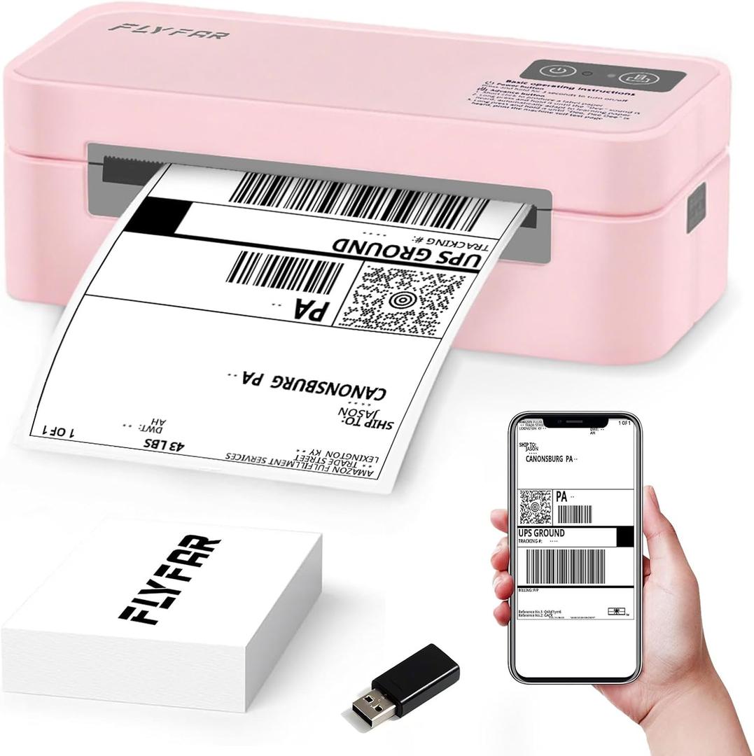 FLYFAR Bluetooth Thermal Label Printer, 4x6 Shipping Label Printer for Small Business, Compatible with Android, Windows, iPhone, Mac, Widely Used for Amazon, Shopify, Ebay, USPS, Etsy,FedEx (Pink)