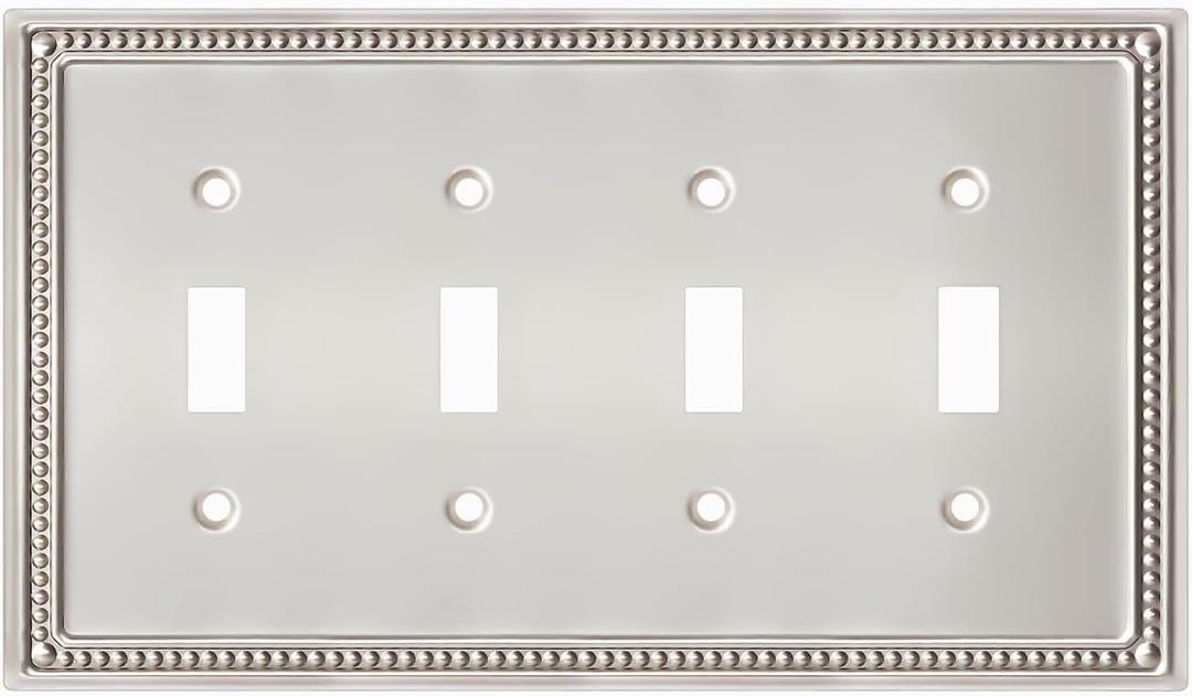 Metal Outlet Covers Wall Plates, Satin Nickel Beadboard Switch Plate Cover, Receptacle Light Switch Covers, Decorative Electrical Outlet Cover (4 Gang Toggle 1 Pack)