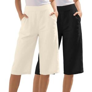 Locoowai 2 Pack Women's Linen Capri Pants Wide Leg Cropped Palazzo Trousers with Pockets High Waist Beach Summer Casual Pants Medium