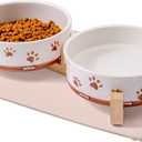 Dog Bowls with Wood Stand, 1.7 Cups Ceramic Puppy Bowls with Mat for Small Dog Weighted Water and Food Bowl Set for Dogs Cats, Non-Slip Pet Feeding Dish 13.5 Oz