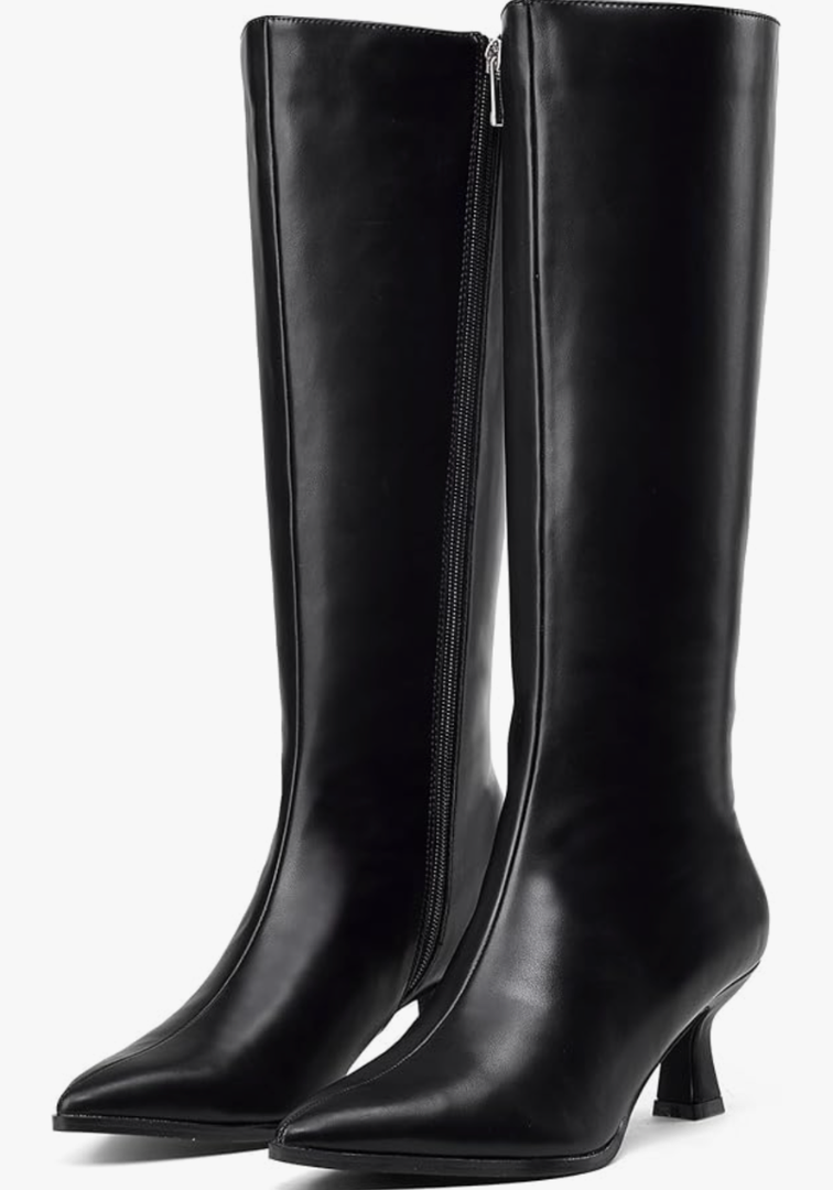 GENSHUO Knee High Boots Women Pointed Toe 2.3 Inches Kitten Heel Tall Boots Classic Fashionable Long Boots with Side Zipper Winter (7.5)