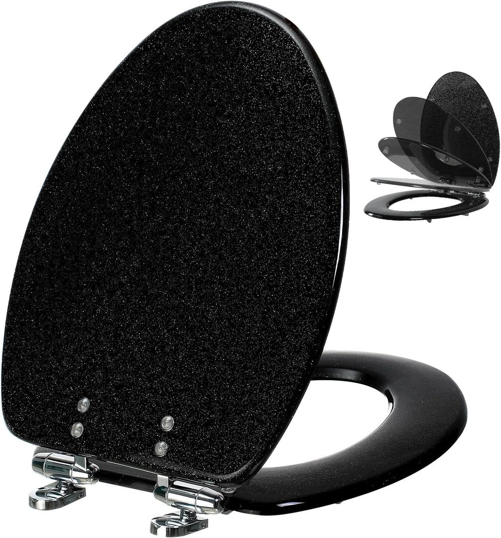 Angol Shiold Black Resin Toilet Seat Elongated Soft Close Quick Release Heavy Duty Toilet Seats with Black Glitter Cover Acrylic for Bathroom (Elongated 19Inch, Black Starlight, Upgraded hinge)