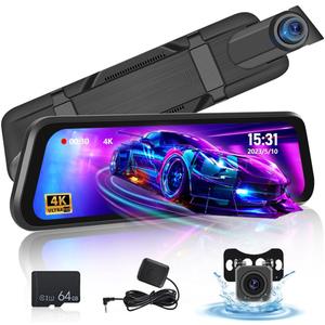 9.66 Inch Rear View Mirror Camera - 4K Mirror Dash Cam Front and Rear with 1080P Rear Camera - Full Touch Screen Mirror Camera for Car with WiFi&APP Control Parking Monitor Night Vision + 64GB Card
