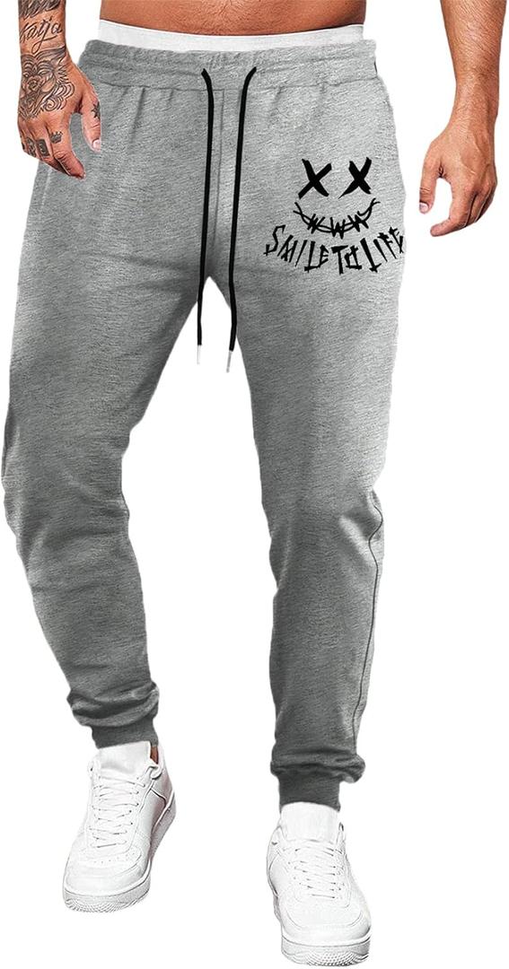 JMIERR Mens Sweatpants Tapered Gym Running Workout Pants Athletic Drawstring Joggers with Pockets (Medium, B Light Grey 2 Smiley Face)