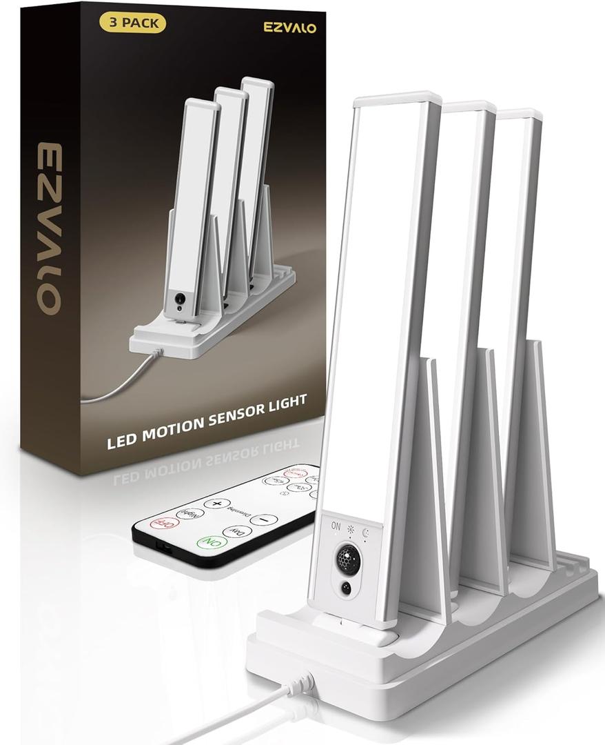 EZVALO Under Cabinet Lighting with Charging Station, Rechargeable Motion Sensor Light Indoor, Dimmable Closet Lights Wireless, 6500K, Motion Activated Under Counter Lights for Kitchen,Pantry(3 Pcs) (Cool White)