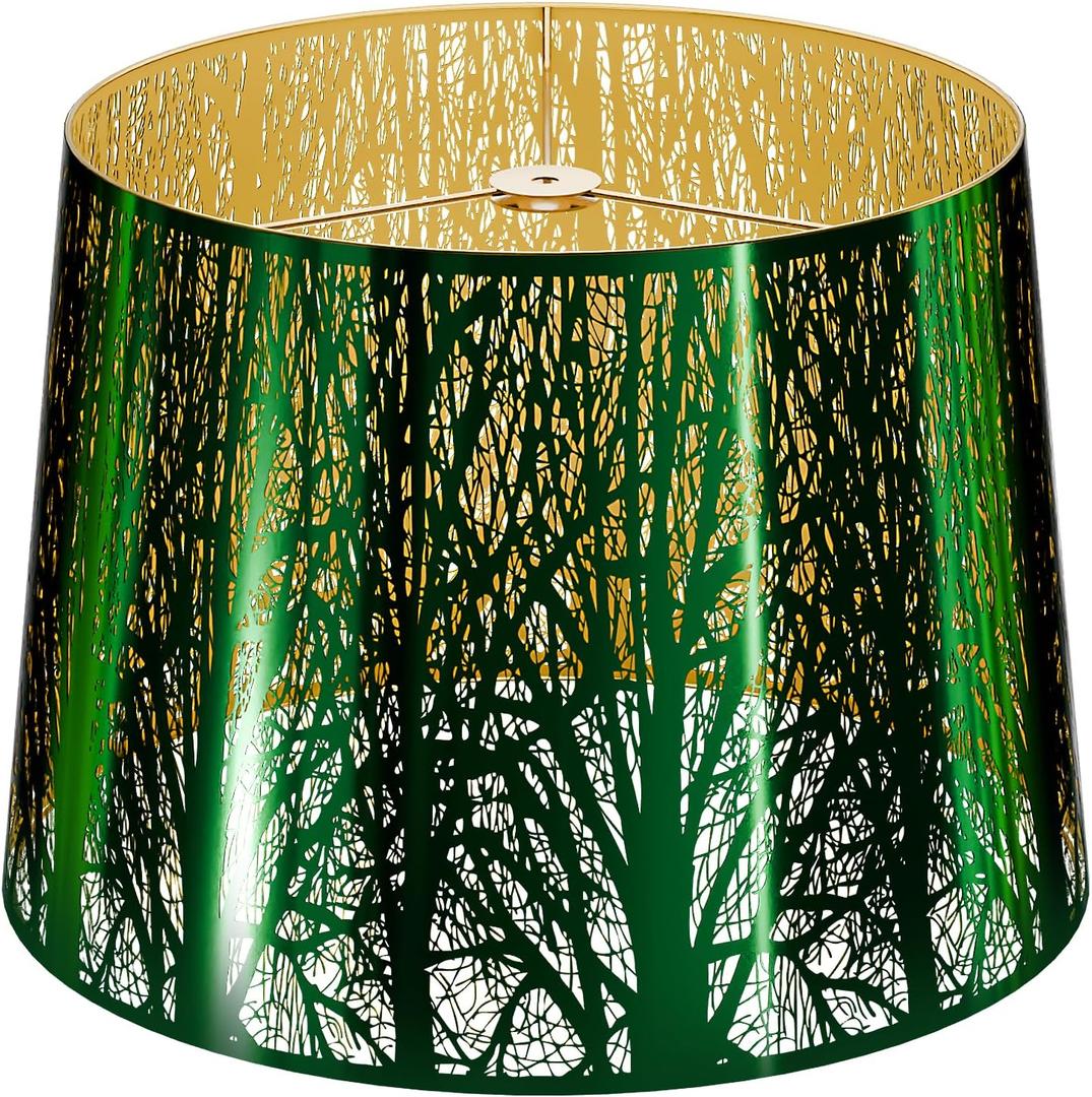 Large Metal Lampshade Forest Etching Forest Lamp Shade Pattern 12'' Top 14'' Bottom 10" Height Fits For Table Lamps and Floor Lamps Spider Fitter Stainless Steel Green outside Gold inside