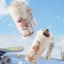 Ceramic Coffee Travel Mug with Lid and Straw, Pure Ceramic Liner not Coated, Insulated Coffee Mug, Leak Proof Tumbler, Cute Coffee Cup for Office Camping-19oz (Girl skater)