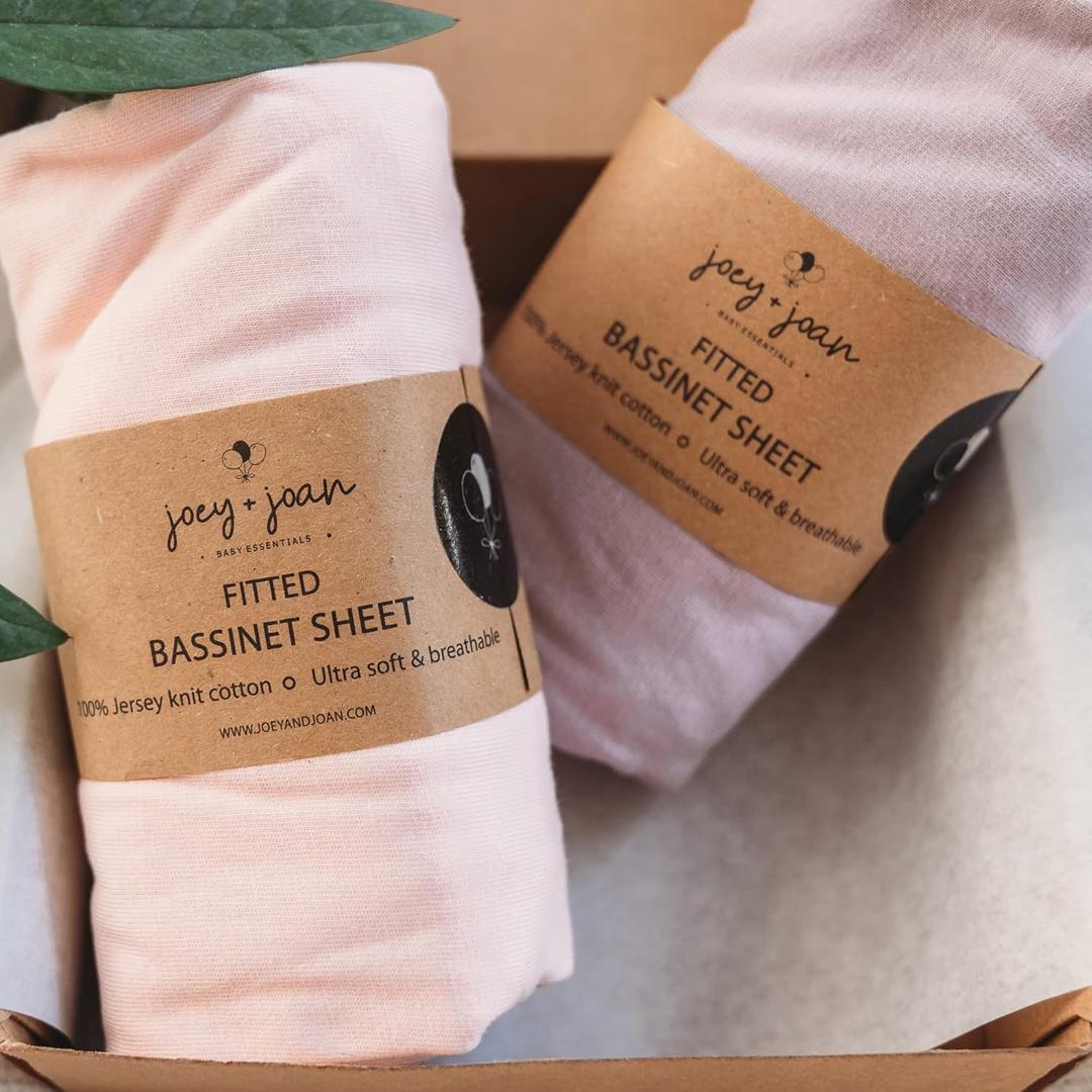Joey + Joan Bassinet Fitted Sheets 33x20 for Baby Beside Dreamer Bassinet & Bedside Sleeper Buttery Soft 100% Cotton Pale Pink + Lilac 2 Pack