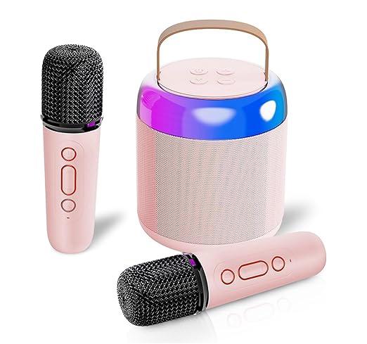 Karaoke Machine for Kids Adults, Portable Bluetooth Speaker with 2 Wireless Microphones,Portable Bluetooth Speaker Girls and Boys Toys Birthday Gifts for Kids,3-12 Years Old (Pink)