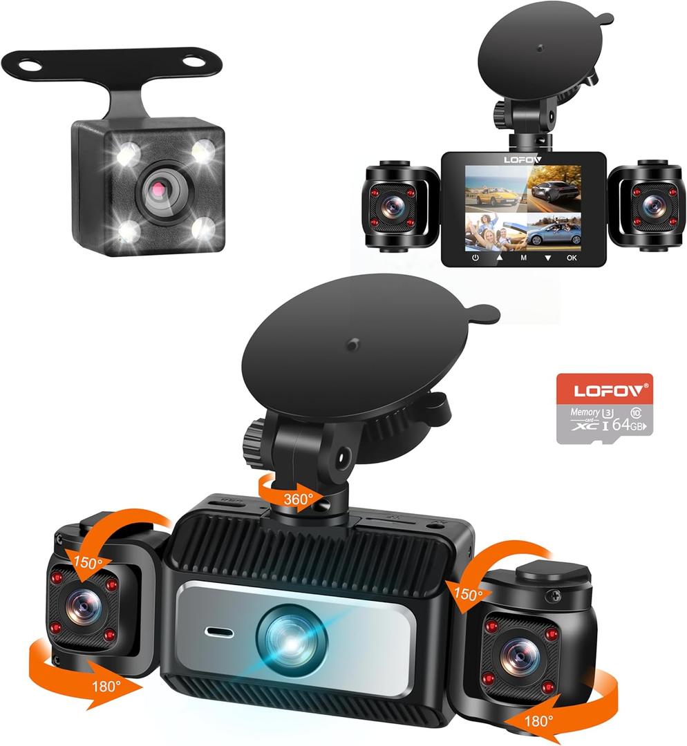 360 Degree View 4 Channel Dash Cam Front and Rear Inside Left Right, LOFOV Dash Camera for Cars FHD 1080P Free 64GB SD Card, Multi-Ch Dash Camera for Cars,Night Vision, 24H Parking Mode
