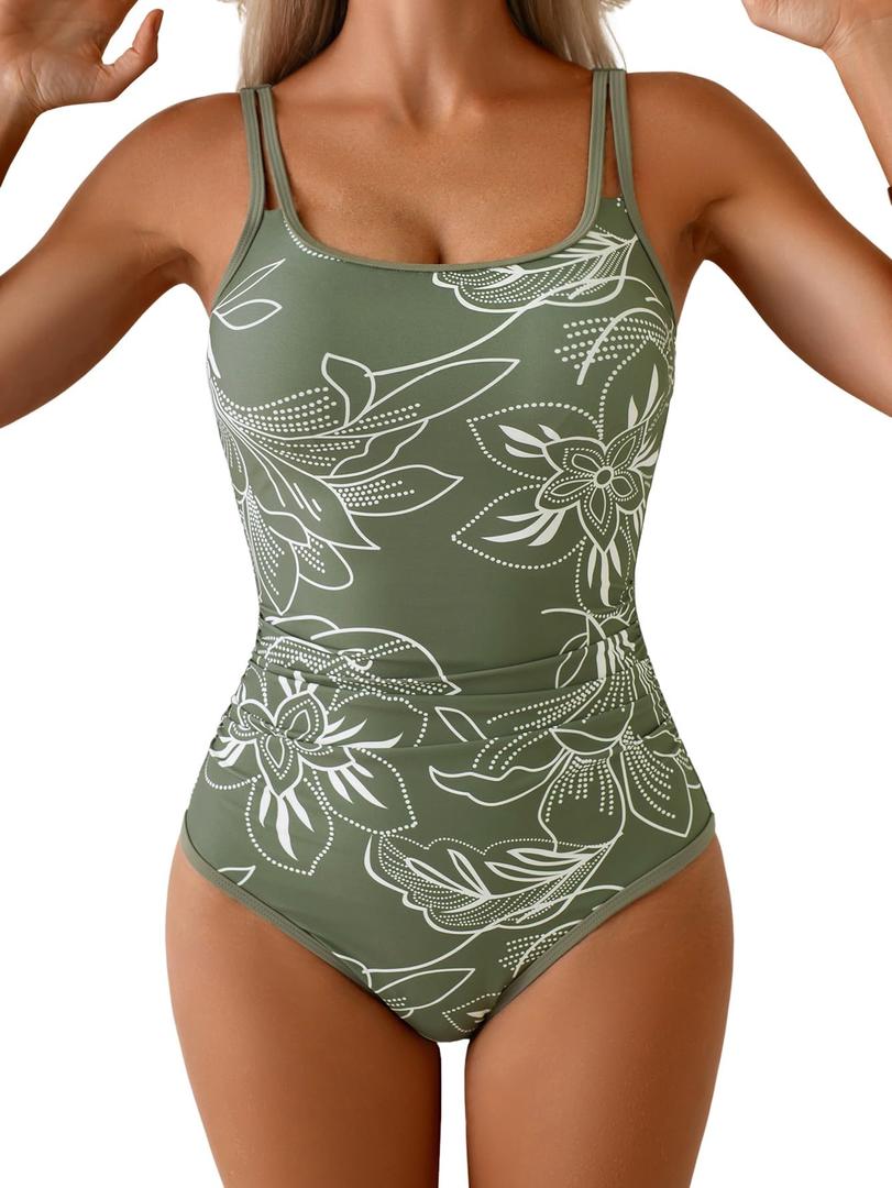 Eomenie One Piece Swimsuit for Women Tummy Control Slimming Bathing Suit Push Up Ruched Swim Suit Double Straps Swimwear (Green, L)