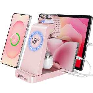 5 in 1 Wireless Charger for Samsung, Wireless Charging Station for Multiple Devices, Fast Charger Stand for Samsung Galaxy S26 Ultra S25 S24 S23 S22 Note 20 10 Z Fold 7 6 Galaxy Watch 7 6 5 Buds, Pink
