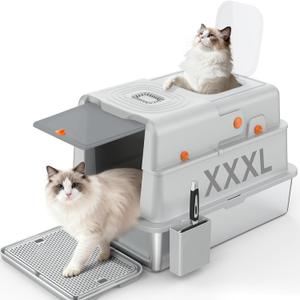 Soulbond XXXL Stainless Steel Litter Box with Lid, 27.5" L x 19.7" W x 16.5" H Large Covered Metal Jumbo Cat Litter Box Enclosed for Large and Multi-Cat Families, Easy to Clean