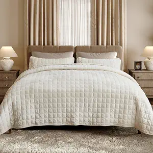 Fleeco Double-Sided Velvet Quilt King Size Comforter Set, 108"x 96" Lightweight Velvet Bedding Set, Ultra Soft Bedspread with 2 Matching Shams, for All Seasons, Yellowish White