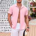 COOFANDY Men's Casual Button Down Shirts Short Sleeve Textured Summer Beach Shirt with Pocket (Pink, XXXL)