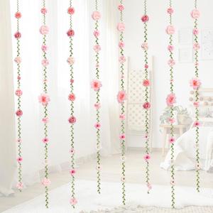 6 PCS Artificial Rose Flowers Hanging Decorations, Flower Hanging Garland Banner for Wedding Party Background Birthday Anniversary Arch Decor (Green Leaves)