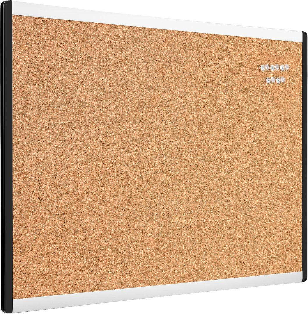 Amazon Basics Cork BulletinBoard, 23" x 17", Pin Board for Office & Home with Aluminum/Plastic Frame, 1 Pack