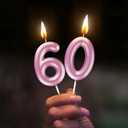 2 x Pink Number 60 Candle Happy Birthday 3D Number Candles for Birthday Cake Party Decoration Wedding Anniversary Celebration Supplies