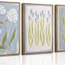 3Pcs Blue Green Tulip Hydrangea Flower Wall Art Flowers Plant Aesthetics Painting Picture Decor Elegant Preppy Poster Print Artwork for Living Room Gallery Bedroom Dorm Home Decoration