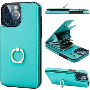 Folosu Compatible with iPhone 13 Pro Max Case Wallet with Card Holder, 360°Rotation Finger Ring Holder Kickstand, RFID Blocking PU Leather Protective Double Buttons Shockproof Cover 6.7'' Mint Green