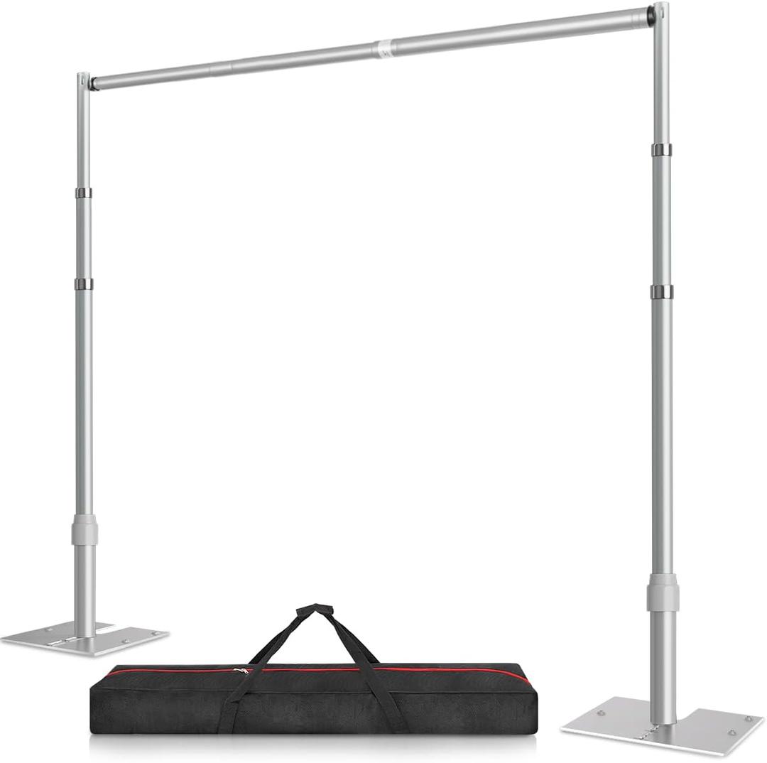 10x10 Pipe and Drape Stand Kit, Heavy Duty Backdrop Stand Adjustable, Sturdy Metal Back Drop Decoration Frame with Flat Base for Parties, Flower Wall, Wedding, Event,Trade Shows, Photo Shoot (10ftx10ft, Silver)