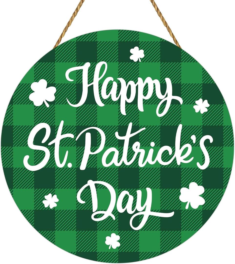 YUNKKIN St Patricks Day Wreath Happy St Patricks Day Door Decorations Buffalo Plaid Decorations Hanging Sign Wooden Front Door Hanger for Porch Wall Indoor Home Decor