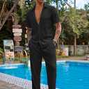 COOFANDY Men's 2 Piece Outfit Casual Short Sleeve Button Down Shirt Beach Summer Loose Pant Sets (Large, Black)