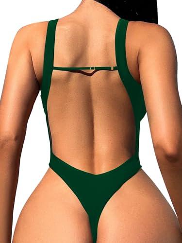 Foxiny Sexy Backless Cheeky High Cut Leg Thong V Neck One Piece Swimsuit Women Tummy Control Brazilian Open Back Bathing Suit Bikini Green Large
