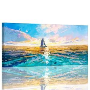 AmoyArt Ocean Wall Art for Living Room, Boat Canvas Wall-Decor for Bedroom, Sea Picture Print for Home, Large Size 58x29 Inches