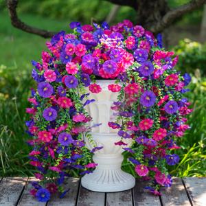 2PCS Artificial Hanging Flowers for Outdoor, Realistic Silk Morning Glory with Eucalyptus Vines, UV Resistant Faux Plants for Patio Balcony Garden Wall Home Decor Window Box Yard(Purplish Red)