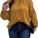 Floerns Women's Plus Size Cold Shoulder Long Sleeve Mock Neck Loose Blouse Top (Yellow, XXXL)
