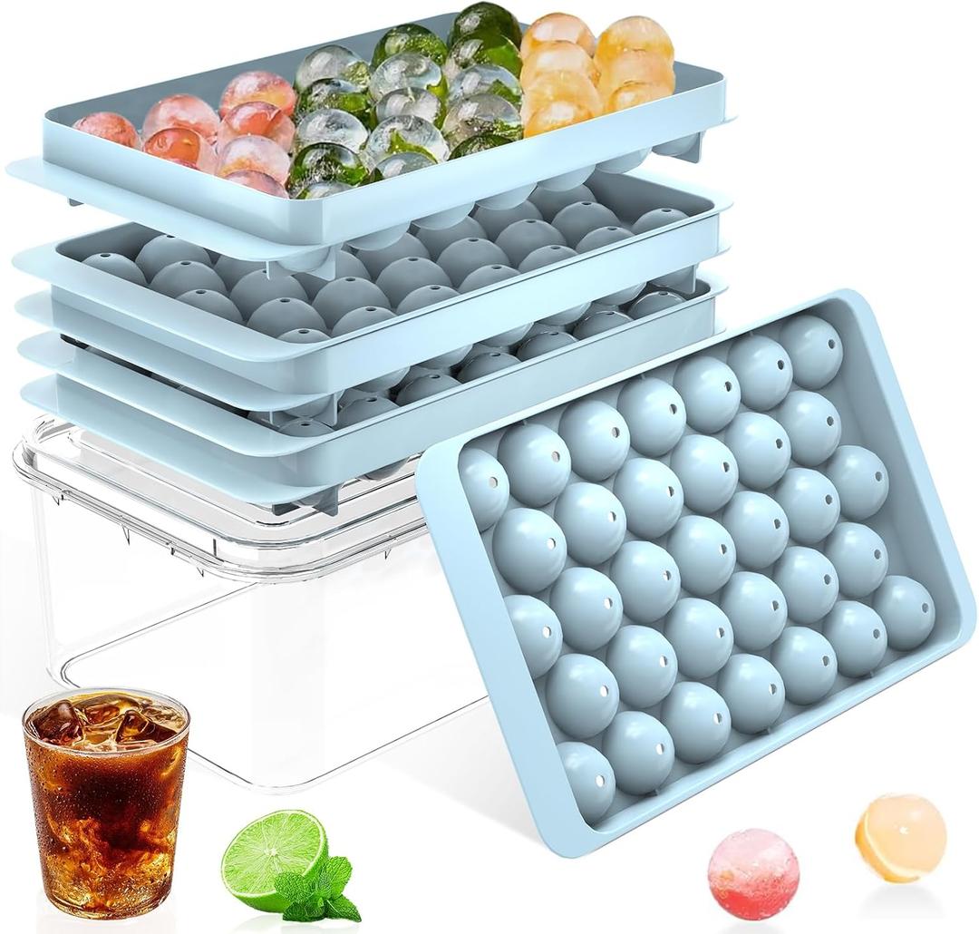 Ice Cube Tray with Lid and Bin  Round Ice Cube Trays for Freezer, BPA-Free Food-Grade Ice Mold, Stackable Ice Ball Maker, Iced Bucket Kits, Circle Ice Tray for Cocktails, Whiskey, Coffee, and Drinks (1.2in/62balls&box)
