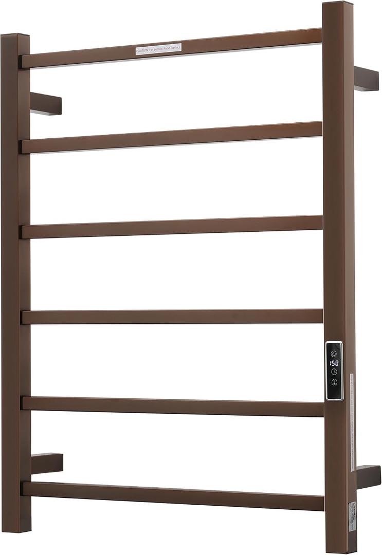 Electric Heated Towel Warmer - Wall Mounted Bathroom Towel Rack, Plug-in Design & Brushed Stainless Steel 6 Bar ORB with Timer & Temperature Control 6 Bar