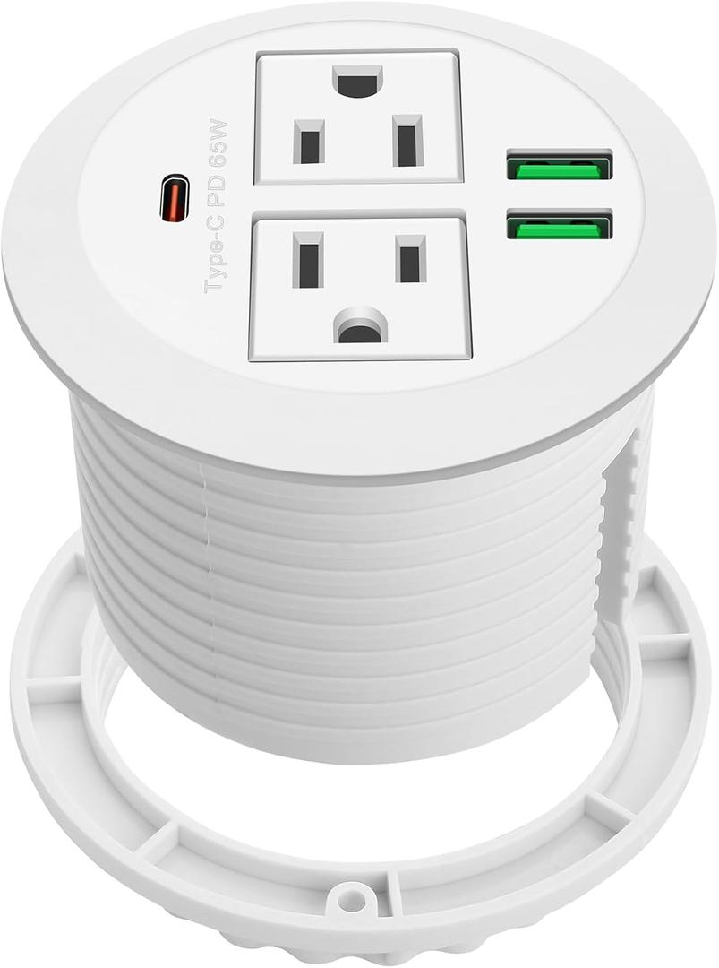 3-inch Desktop Power Grommet,Max 65W USB C Charger,2 Outlets and 3 USB, High-Speed Charging Station, Flush Mount Desk Hole Round Power Outlet, Recessed Power Strip,6ft Cord Flat Plug (White)