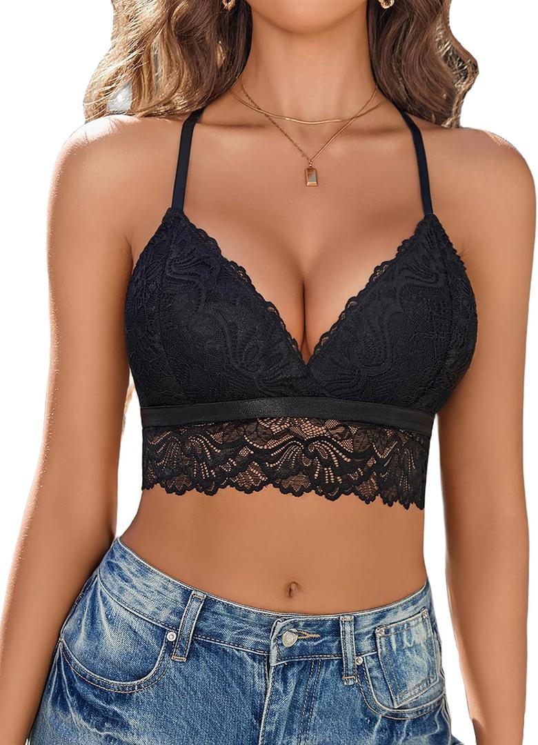 Avidlove Bralette for Women Wireless Lace Bra V Neck Racerback Cami Tank Y2k Camisoles Adjustable Crop Top (L, Black)