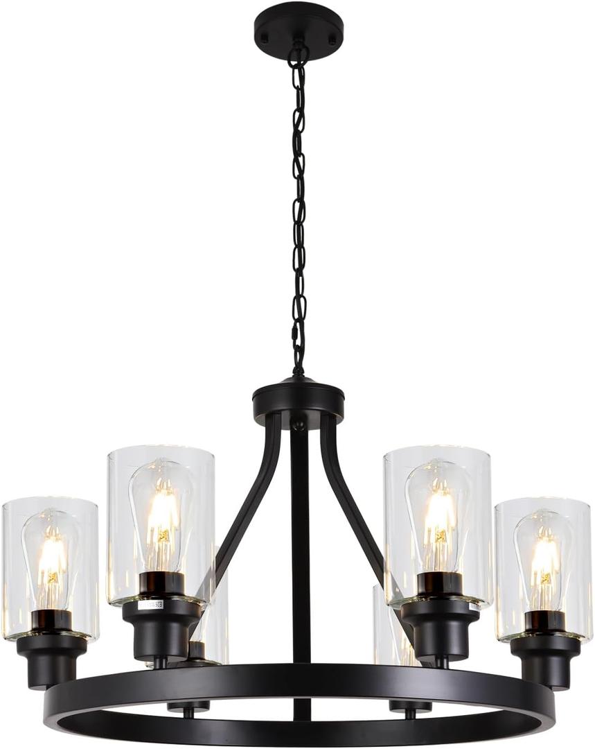 6-Light Farmhouse Chandelier Wagon Wheel Pendant Light Fixtures for Dining Room Living Room Island Kitchen Foyer Bedroom, Modern Black Industrial Rustic Adjustable Height Metal E26 Base