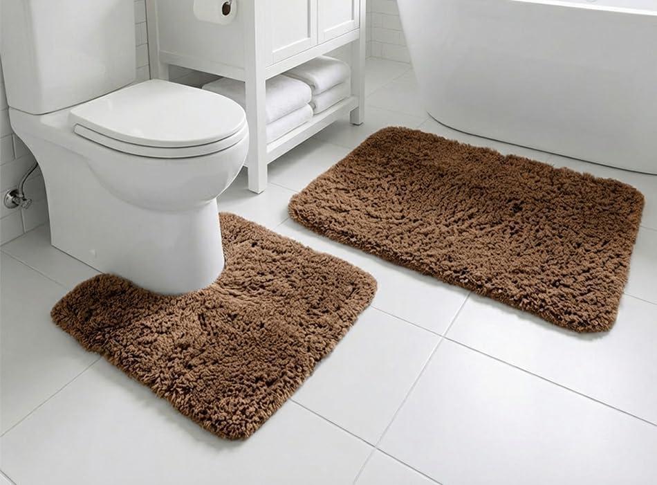 Muddy Mat Fluffy Bathroom Rugs 2 Piece Set, Soft Absorbent Microfiber Bath Mats, Non Slip, Quick Dry, Machine Washable for Floor, Tub, Shower & Toilet, Brown 20"x30" + 20"x20" U-Shaped