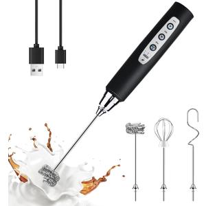 YUSWKO Black Handheld Milk Frother Wand for Coffee, Rechargeable Electric Whisk with 3 Heads 3 Speeds Drink Mixer Coffee Frother For Latte, Cappuccino, Hot Chocolate, Egg