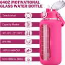 64oz Glass Water Bottles with Straw, Half Gallon Motivational Glass Bottle with Silicone Sleeve and Time Marker, 2L Leakproof Large Glass Water Jug for Gym Home Office, Rose Red