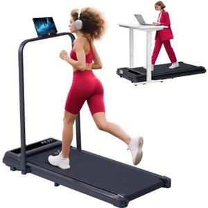 Portable Folding Treadmill with Handles, 3.0HP Walking Pad Treadmills with Handle Bar for Home and Office Small, Foldable Electric Under Desk Walking Pads Treadmill Home, LED Display, 320LBS Capacity