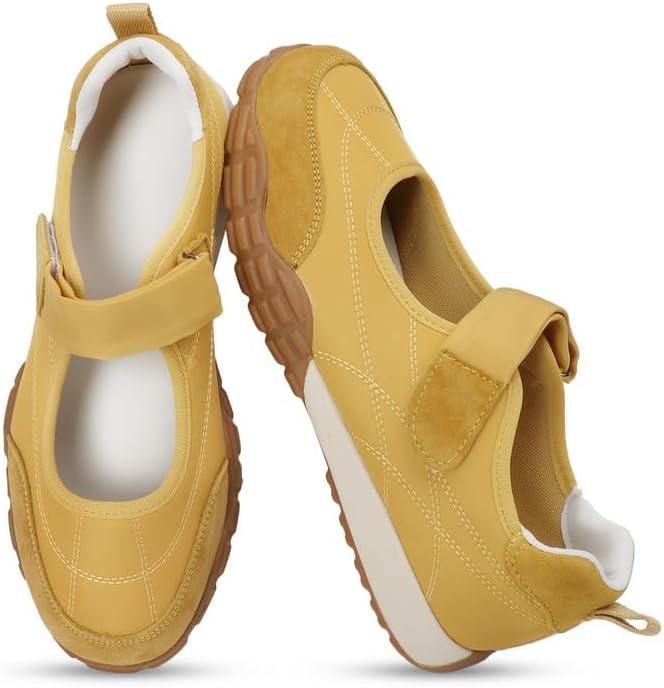 COOLLULU Mary Jane Shoes Sneakers for Women Fashion Ballet Sneakers Wide Toe Box with Non Slip Sneakerinas Retro Tennis Lightweight Flats Footwear for Daily Walking Causal Dressy (10, Yellow)