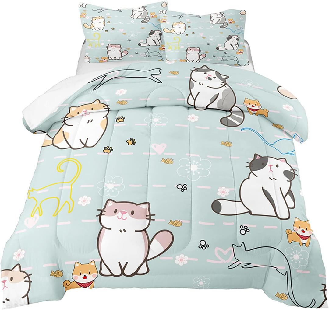 Cat Bedding Set Twin Size, Cartoon Cats Comforter for Girls Kids Teens, Blue Lovely Quilt Animal Pattern Comforter Set Soft Breathable Cute Duvet Set for All Season 2Pcs with Pillowcase (Ac1)