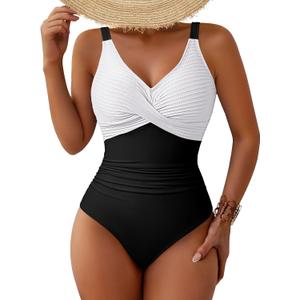 Pink Queen Women One Piece Swimsuit 2026 Patchwork Twist Front V Neck Ruched Tummy Control Swimwear Bathing Suits, Large