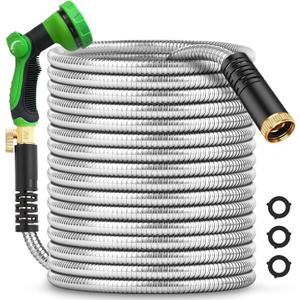 75Ft Metal Garden Hose durable stainless steel Water Hose, flexible, lightweight hose is resistant to kinks and tangles, With 10-way nozzle, strong 3/4 metal fittings, and a Stop Valve (Silver)